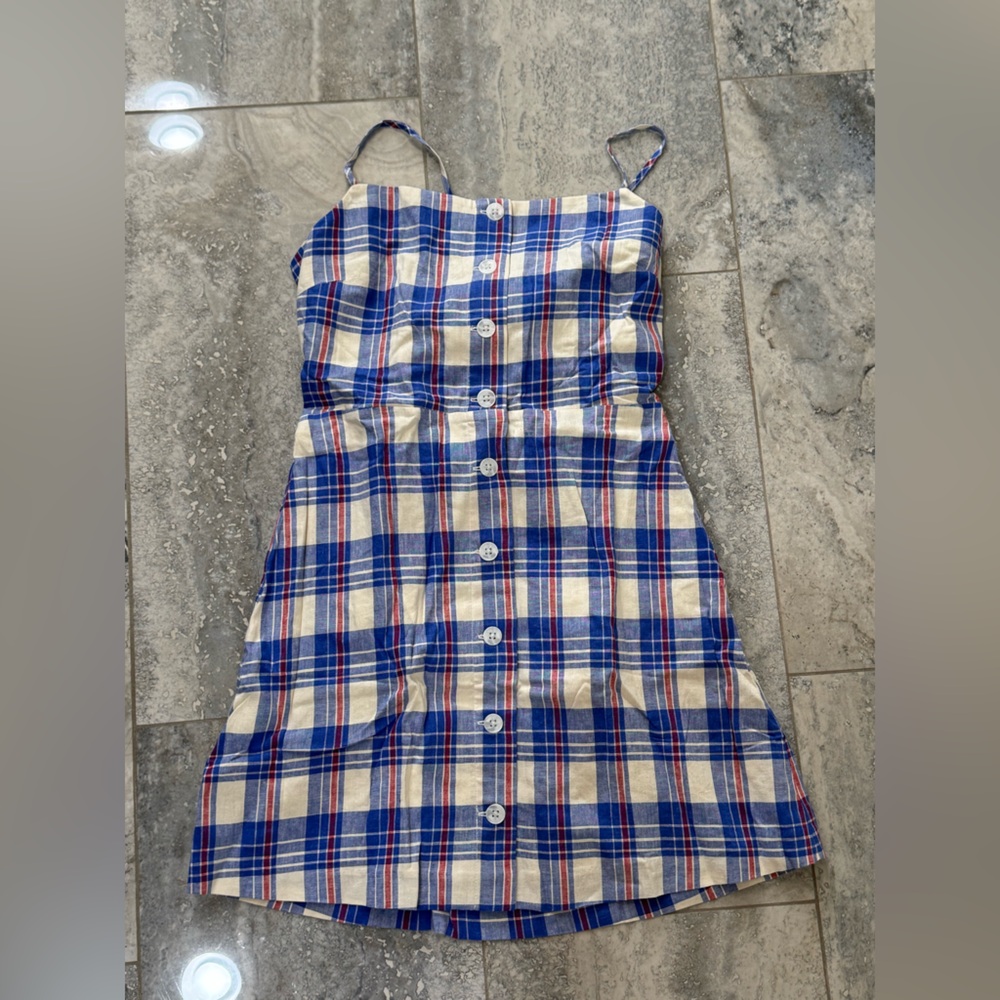 GAP Blue and Red Plaid Button-Down Dress Linen Blend
